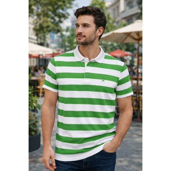 POLO YAKA YEŞİL BEYAZ RİNGELLİ TİŞÖRT